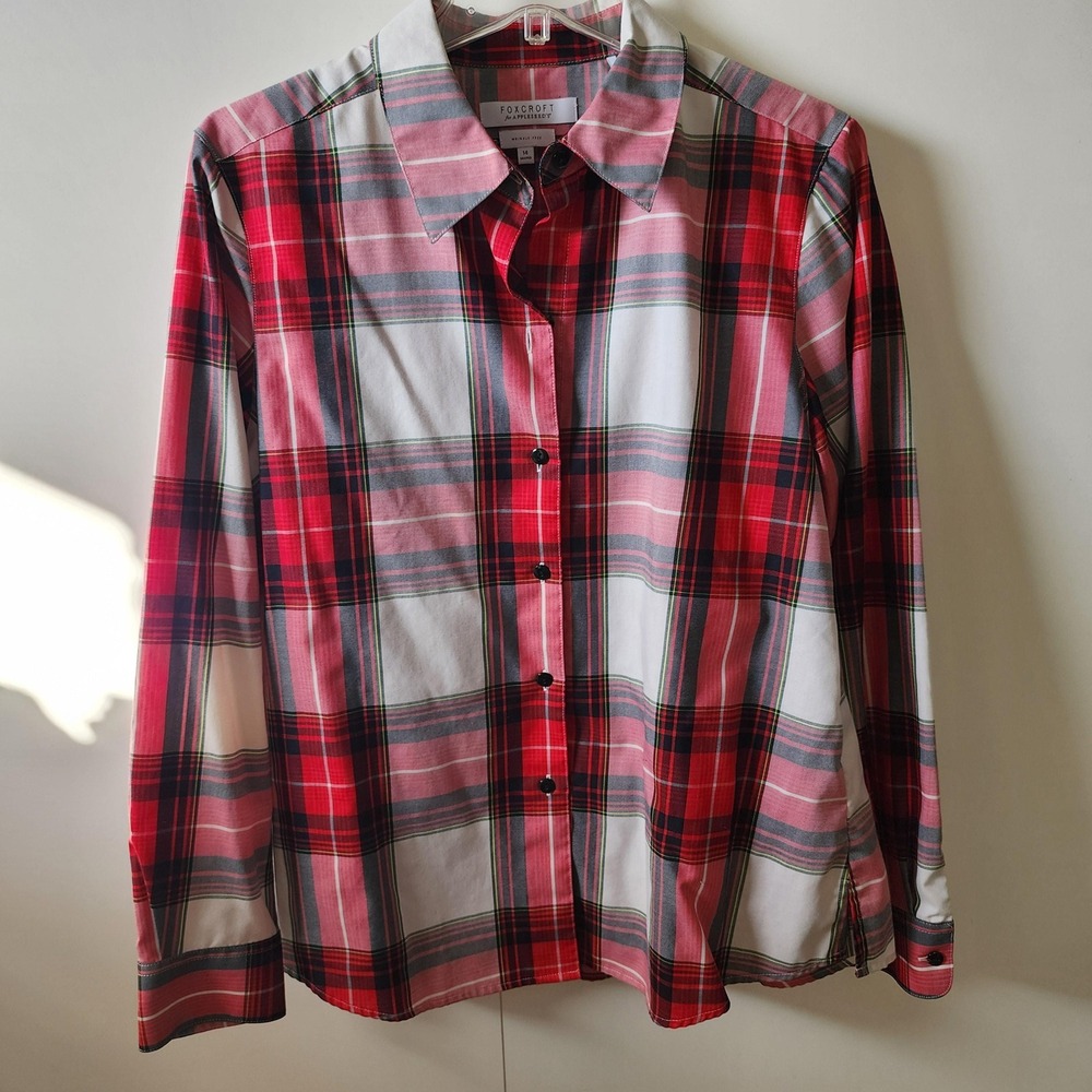 Foxcroft for Appleseeds Red Plaid Button Up Blouse Wrinkle Free Womens 14 Shaped